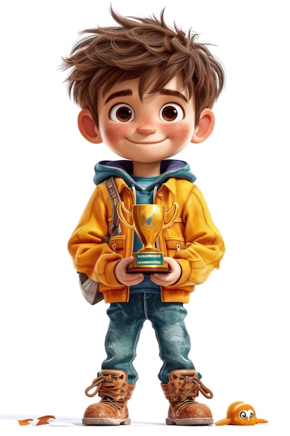 Leuke Cartoon Boy met Golden Award Trophy in zijn handen extreme close-up Generatieve AI