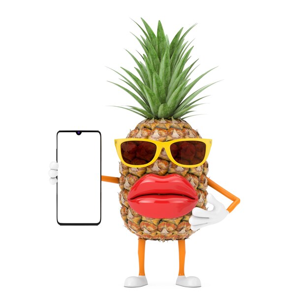 Leuke cartoon fashion hipster gesneden ananas persoon karakter mascotte en moderne mobiele telefoon met leeg scherm voor uw ontwerp op een witte achtergrond. 3d-rendering