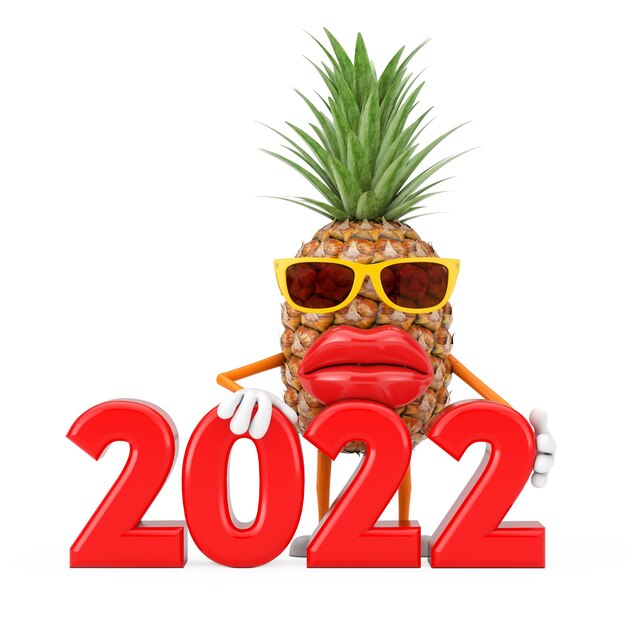 Leuke cartoon fashion hipster gesneden ananas persoon karakter mascotte met 2022 nieuwjaar teken op een witte achtergrond. 3d-rendering