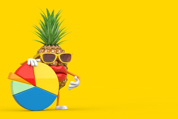 Leuke Cartoon Fashion Hipster gesneden ananas persoon karakter mascotte met Info Graphics Business cirkeldiagram op een gele achtergrond. 3D-rendering