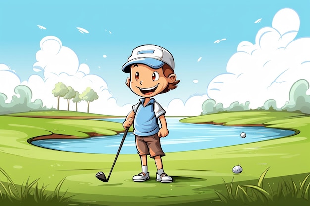 Leuke Cartoon Golfer op een golfbaan Generatieve Ai