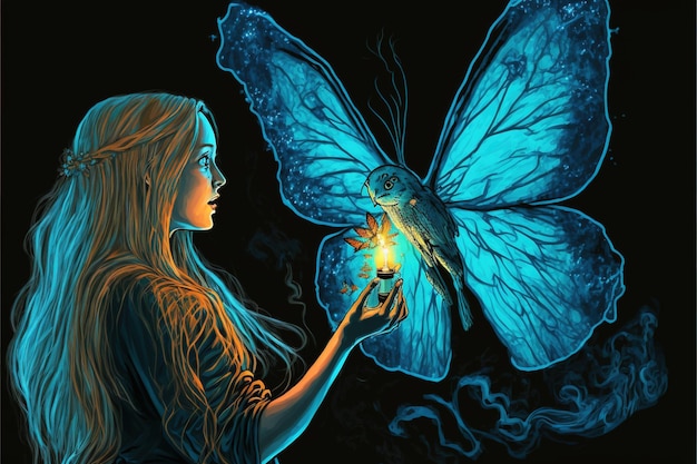 Leuke cartoon heks Schattige heks roept blauwe vlinder insect op De heks roept een gloeiende blauwe vlinder op met magische kracht digitale kunststijl illustratie schilderij