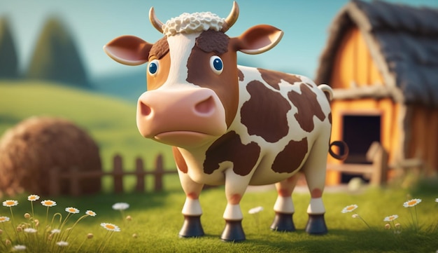 Leuke Cartoon Jersey Koe op een boerderij Generatieve AI