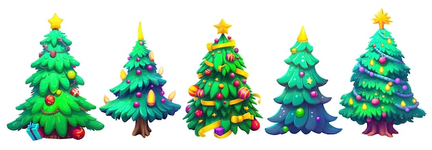 Leuke cartoon kerstbomen op een rij versierd met corolful ballen lichten en linten geïsoleerd op witte achtergrond set van digitale illustraties