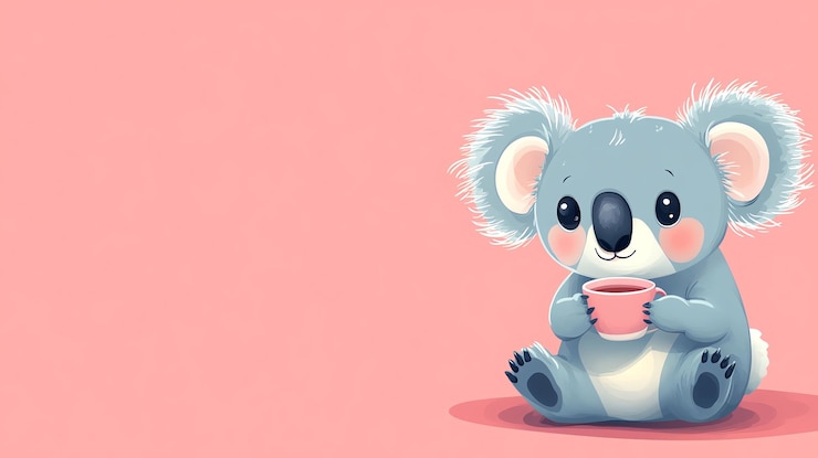 Foto leuke cartoon koala met een kop koffie in de hand