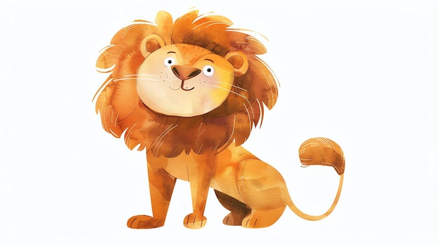 Leuke cartoon leeuw die zit en glimlacht de leeuw heeft een pluizige oranje manen en een lange staart hij zit op een witte achtergrond