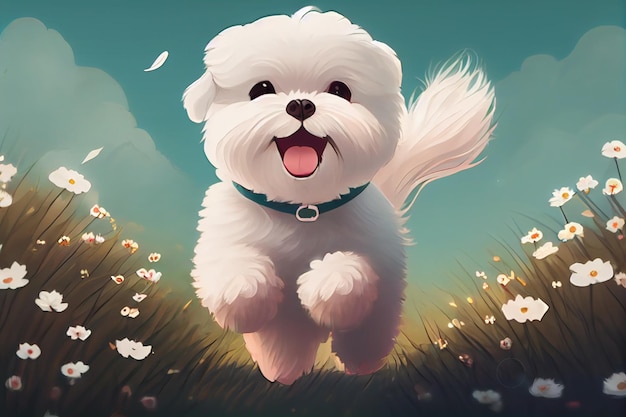 Leuke cartoon Maltese anime speelt runs en glimlacht