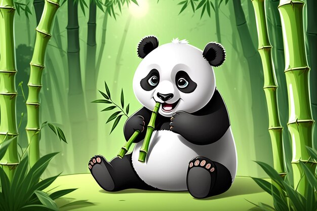 Foto leuke cartoon panda die bamboe eet op de achtergrond van het bos