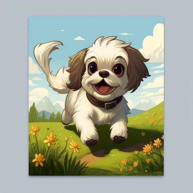 Leuke cartoon Shih Tzu die in weide generatieve AI loopt