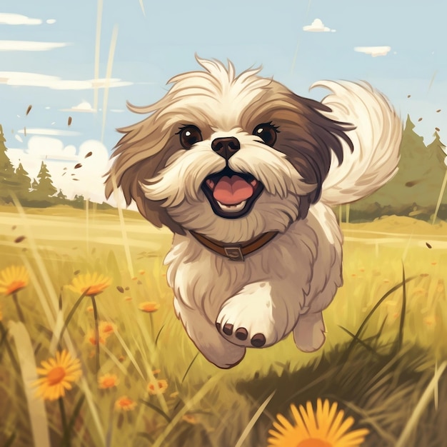 Leuke cartoon Shih Tzu die in weide generatieve AI loopt