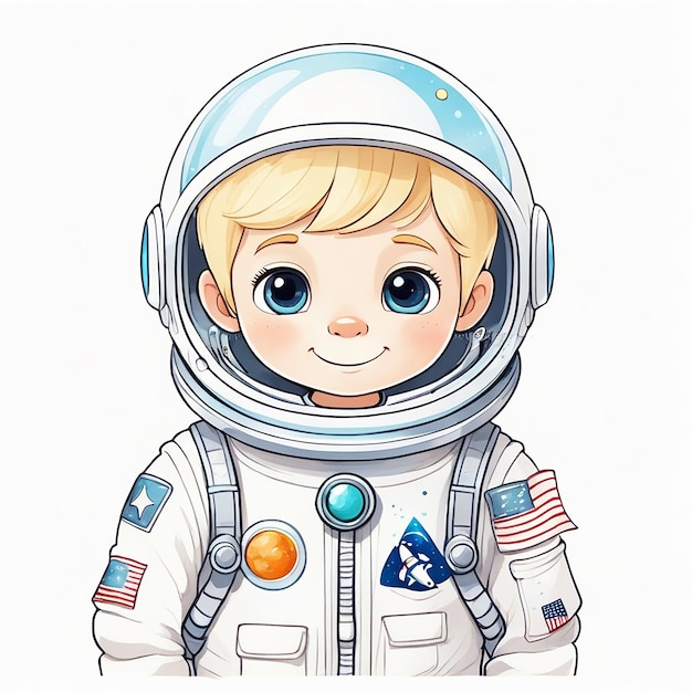 Leuke cartoon van een kleine jongen die een astronautenpak draagt.