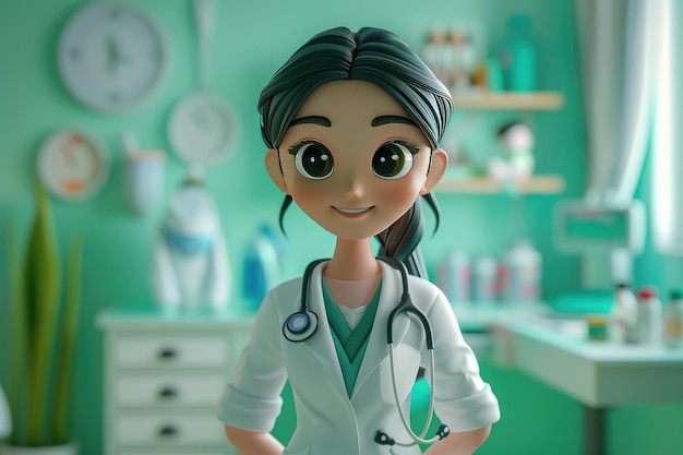 Leuke cartoon vrouwelijke dokter met stethoscoop die in de ziekenhuiskamer staat
