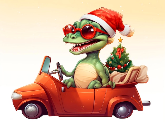 Leuke cartoonkrokodil met Kerstmanhoed die rode auto bestuurt