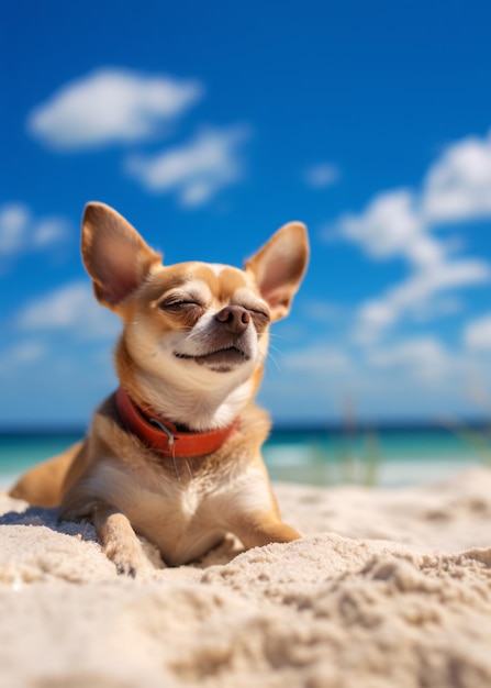 Leuke Chihuahua zit op een zandstrand en geniet van de zon gecreëerd met generatieve AI-technologie