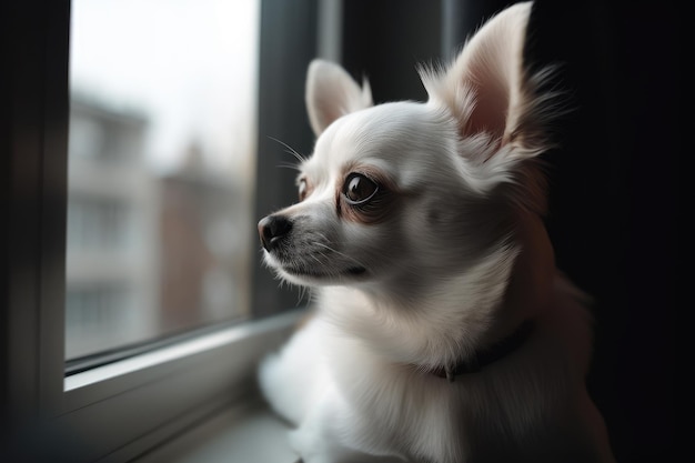 Leuke chihuahuahond die thuis uit het raam kijkt AI gegenereerd