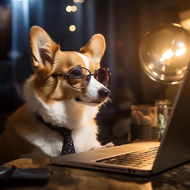 Leuke corgi hond die in een computer laptop kijkt die in een bril en een shirt werkt