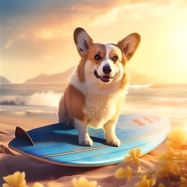 Leuke corgi-hond staande op een surfplank op zandstrand zomerposter ai gegenereerd concept