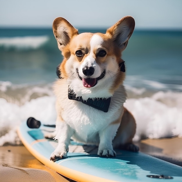 Leuke corgi-hond staande op een surfplank op zandstrand Zomerposter AI gegenereerd concept
