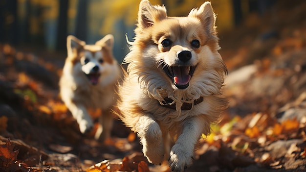 Leuke corgi-honden die in het herfstpark rennen Golden autumngeneratieve ai