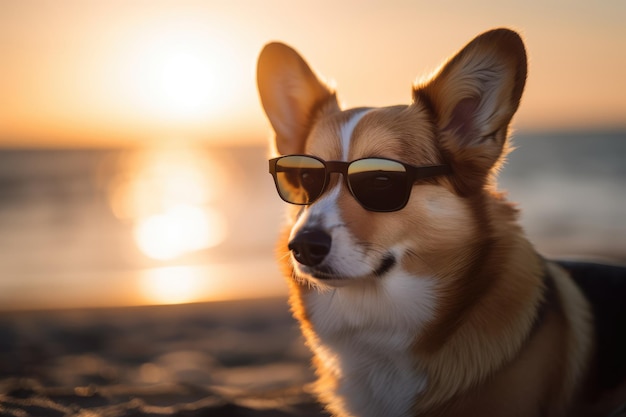 Leuke corgi in zonnebril bij de lichte generatieve ai van de strandzonsondergang