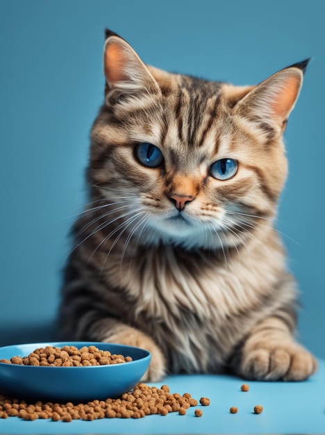 Leuke Cyperse kat dichtbij kom met voedsel Blauwe achtergrond