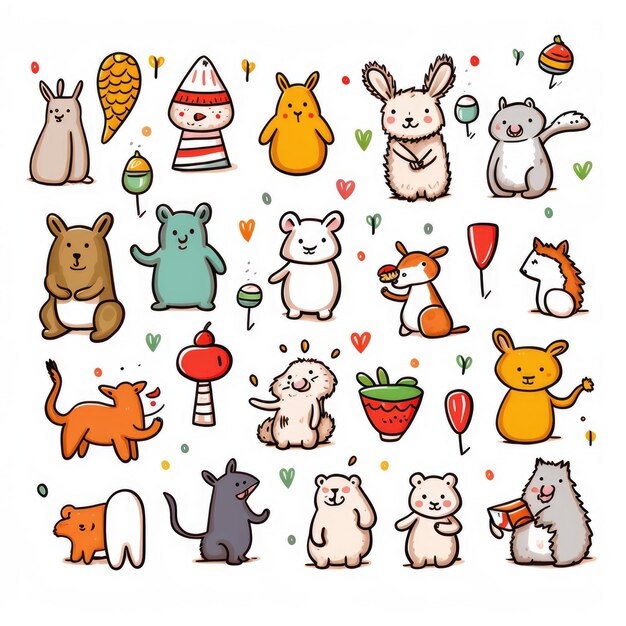 Foto leuke dierenfeest schattige doodlestyle sticker sheet in eenvoudige vector contouren op witte achtergrond