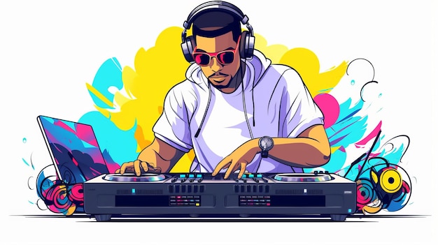 Foto leuke dj die muziek speelt cartoon vector icoon illustratie mensen muziek icoon concept geïsoleerd premium