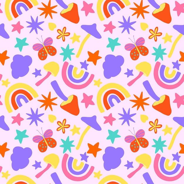 Leuke doodle regenboog, paddestoel, naadloze sterpatroon. Moderne platte pop-up herhaalprint op roze