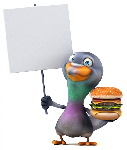 Leuke duif met hamburger en leeg bord