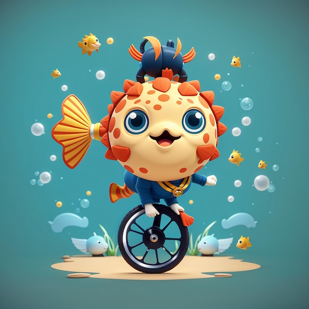 Leuke duiker circus spelen puffervis met een fiets cartoon vector icoon illustratie wetenschap plat