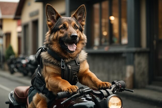 Leuke Duitse herdershond die op een motorfiets rijdt