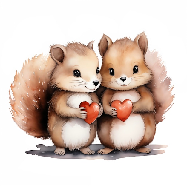 Leuke eekhoorns wisselen hun harten uit op een witte achtergrond.