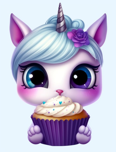 Leuke eenhoorn cupcake met paars haar