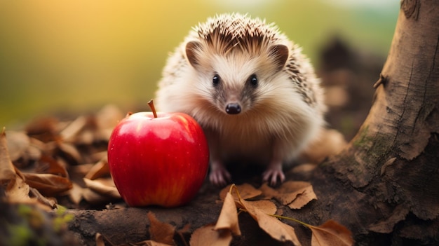 Leuke egel in het bos met appel