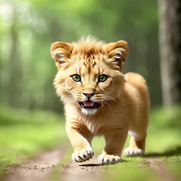 Leuke en aanbiddelijke kleine leeuw in bos Generatieve AI