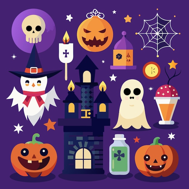 Leuke en angstaanjagende Halloween iconen voor kinderen Geesten pompoenen en vleermuizen