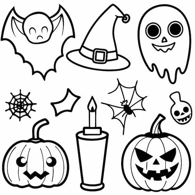 Leuke en angstaanjagende Halloween iconen voor kinderen Geesten pompoenen en vleermuizen