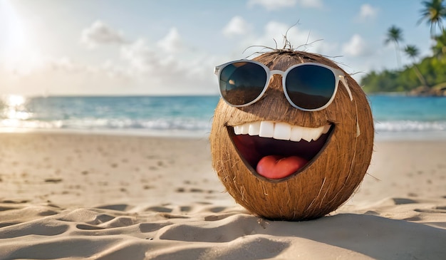 Leuke en gelukkige kokosnoot op het strand zomervakantie op zee