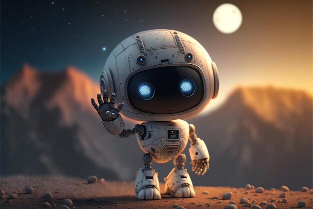 Foto leuke en kleine robothelper met kunstmatige intelligentie die hand opsteekt op de maan
