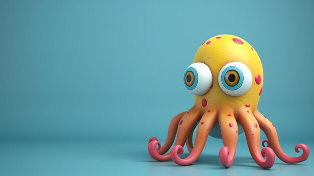 Foto leuke en kleurrijke 3d-illustratie van een gele octopus met grote blauwe ogen en roze vlekken op zijn lichaam