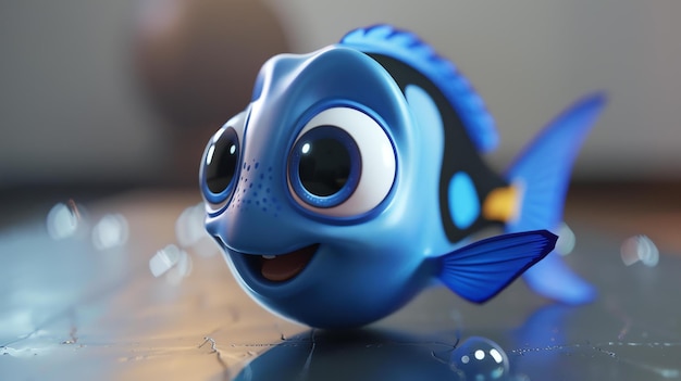 Leuke en kleurrijke 3D-weergave van een baby blauwe tangvis De vis heeft grote ronde ogen en een vrolijke glimlach Het staat tegen een wazige achtergrond