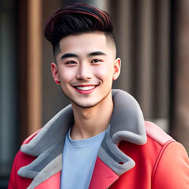 Leuke en knappe Aziatische kerel glimlachend met rode jas en stijlvol kapsel