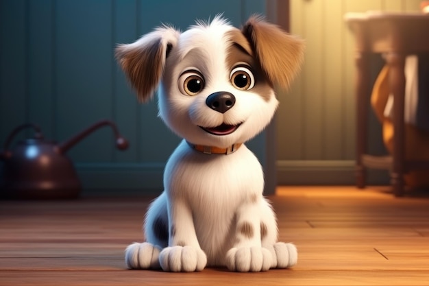 Foto leuke en schattige 3d-cartoon pluizige hond, een speelse en lieve hondengenoot in een tekenfilmwereld