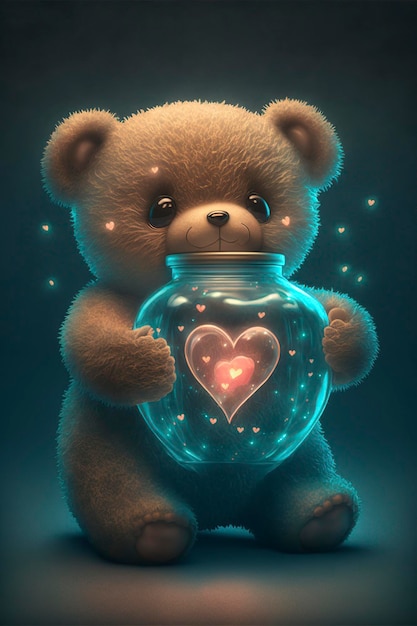 Leuke en schattige verliefde teddybeer met een bioluminescerend hart Valentine concept generatieve AI