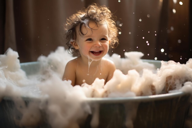 Foto leuke en vrolijke kleine baby die een bad neemt met schuim en zeepbellen