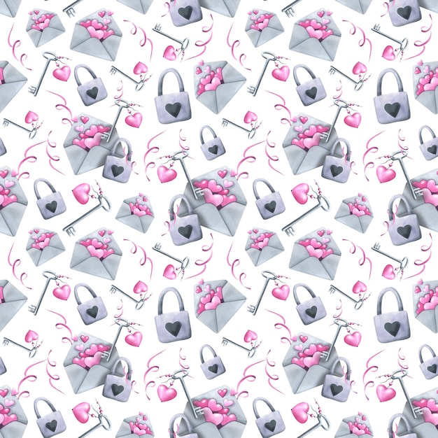 Leuke enveloppen met roze hartjes grijze sleutels en sloten Aquarel illustratie Naadloos patroon op een witte achtergrond uit de VALENTINE's DAY collectie Voor decoratie en design