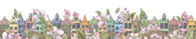 Leuke Europese huisjes met stenen bruggen en roze appelbloesems Aquarel illustratie Een lange banner uit de collectie van EUROPEAN HOUSES Voor decoratie en design