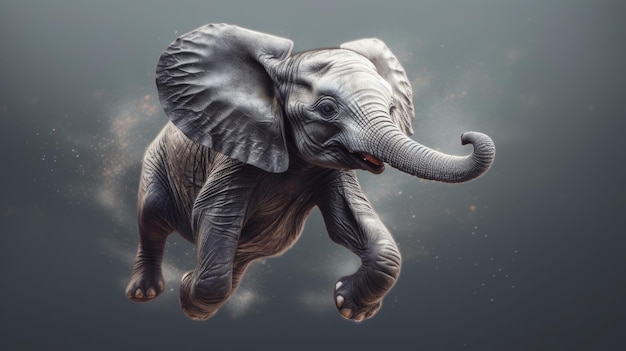 Leuke fantastische babyolifant vliegt een abstracte droom op de achtergrond van bomen en bergen Al gegenereerd