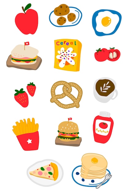 Leuke food doodle sticker met een witte rand ontwerp element set