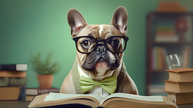 Leuke franse bulldog-professor die een bril draagt met een stapel boeken AI-gegenereerde afbeelding